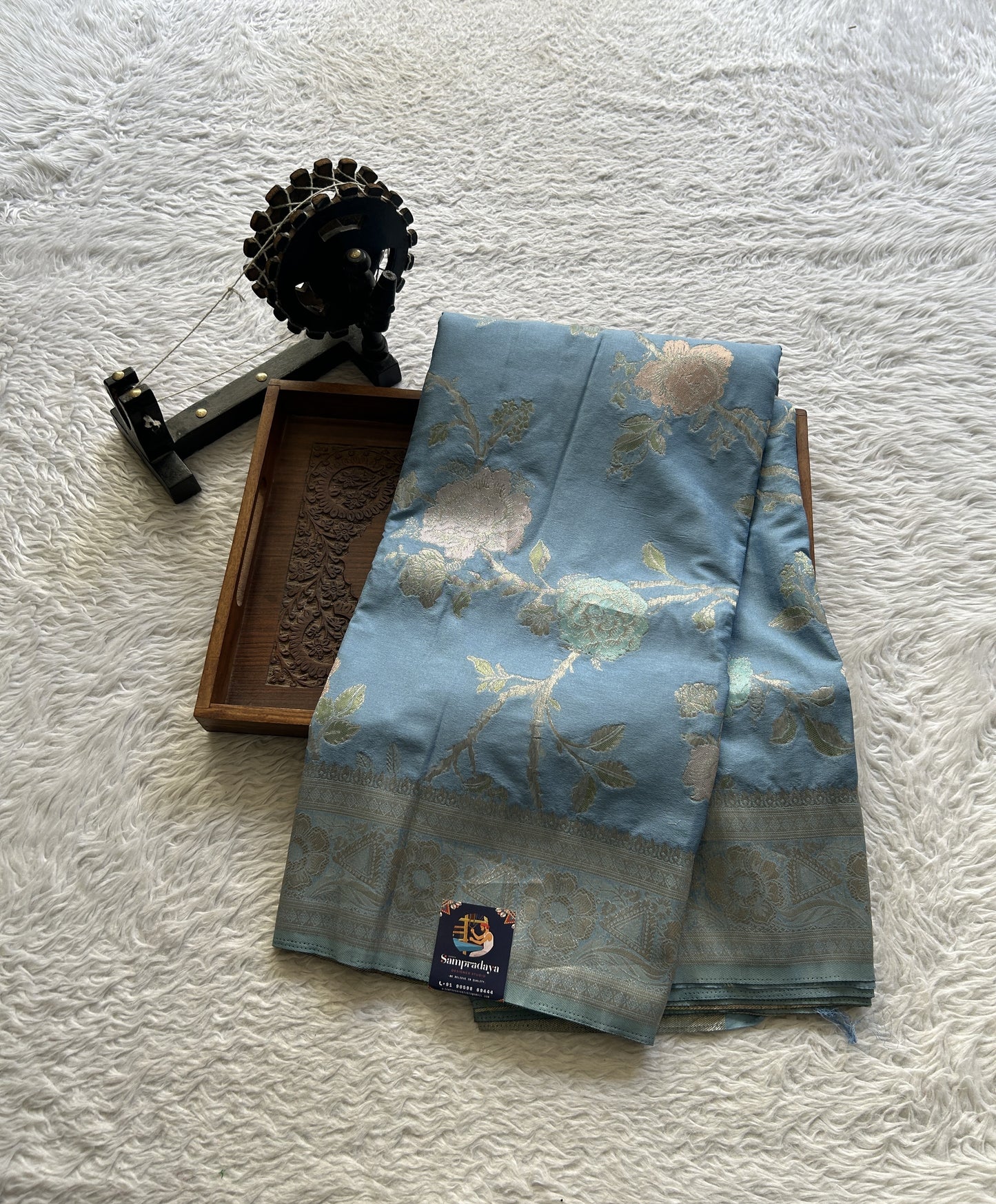 Semi Georgette Saree Light Aqua Blue Colored Elegantly Paired with a Zari Border. - Sampradaya Designer Studio