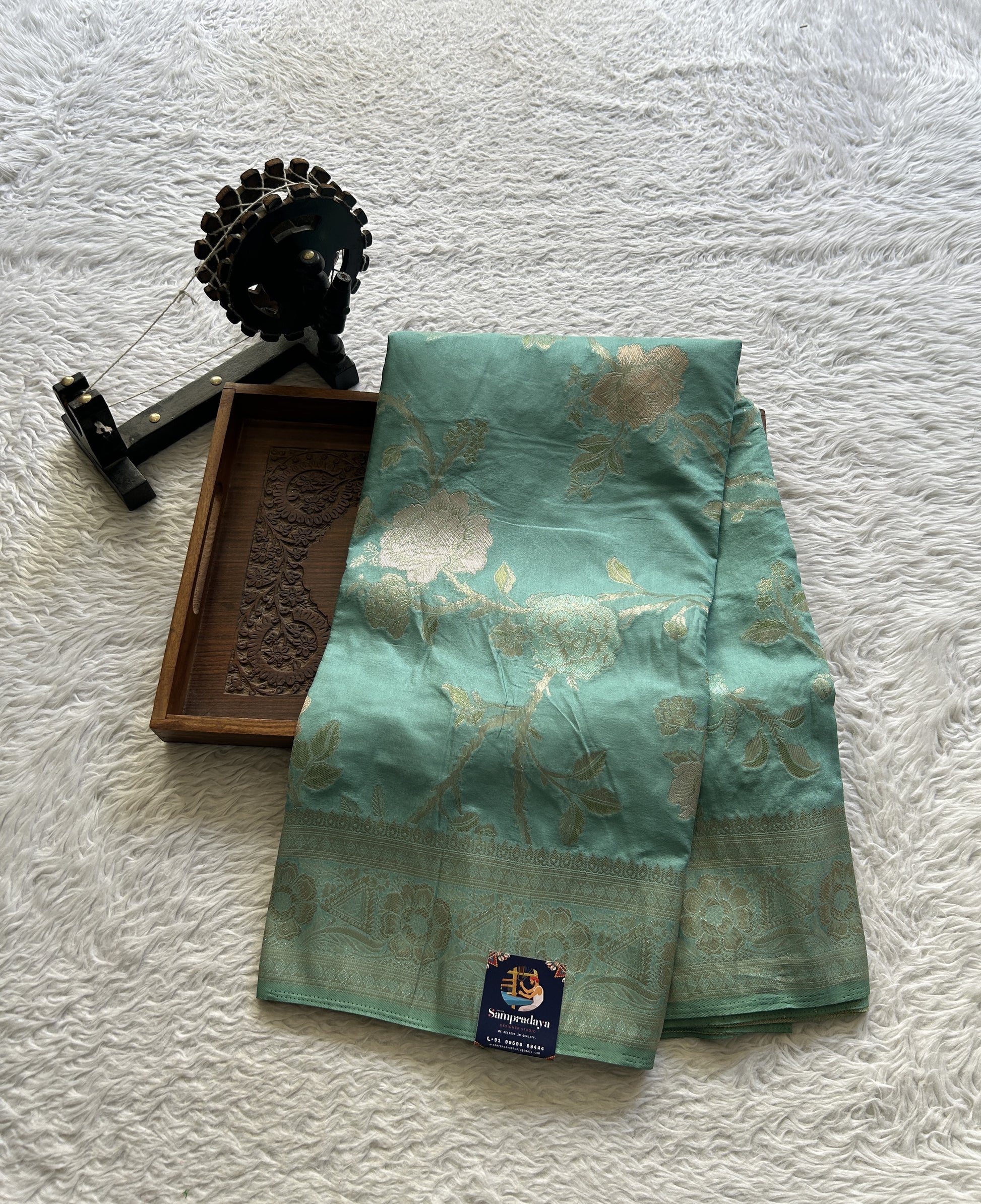 Semi Georgette Saree Light Sea Green Colored Elegantly Paired with a Zari Border. - Sampradaya Designer Studio