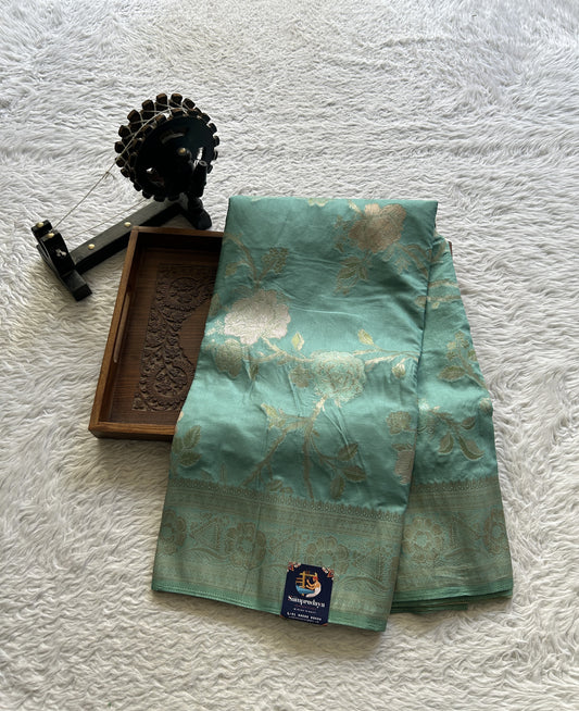 Semi Georgette Saree Light Sea Green Colored Elegantly Paired with a Zari Border. - Sampradaya Designer Studio