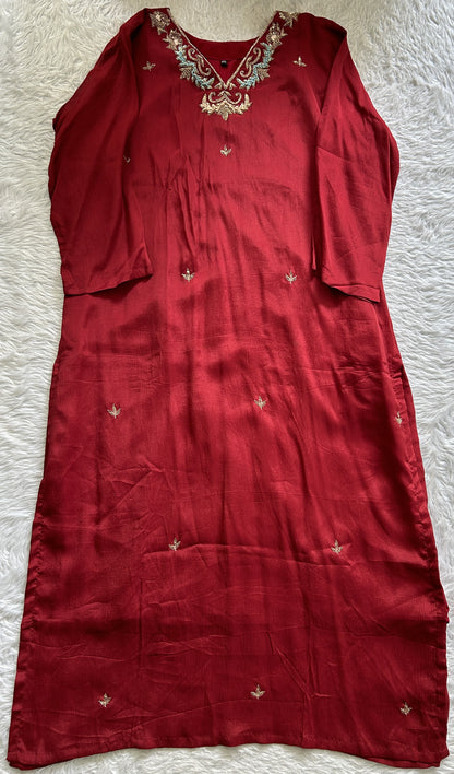 Chiffon Kurti Set Maroon Colored With a Embroidery Work . - Sampradaya Designer Studio