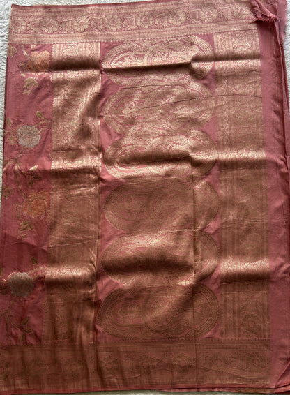 Semi Georgette Saree Soft Pink Colored Elegantly Paired with a Zari Border. - Sampradaya Designer Studio