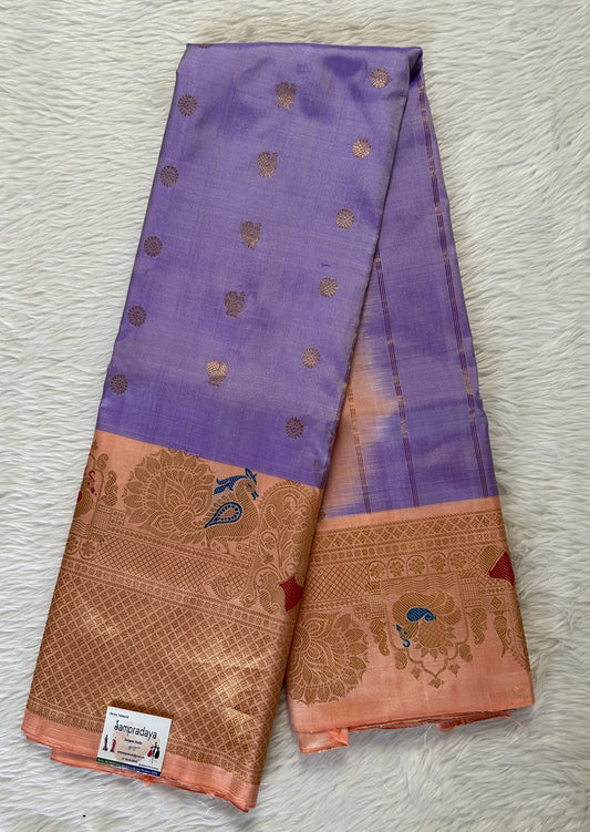 Gadwal Pattu Saree Lavender Colored Saree Complemented With a Pattu Peach Color Kanchi Border - Sampradaya Designer Studio