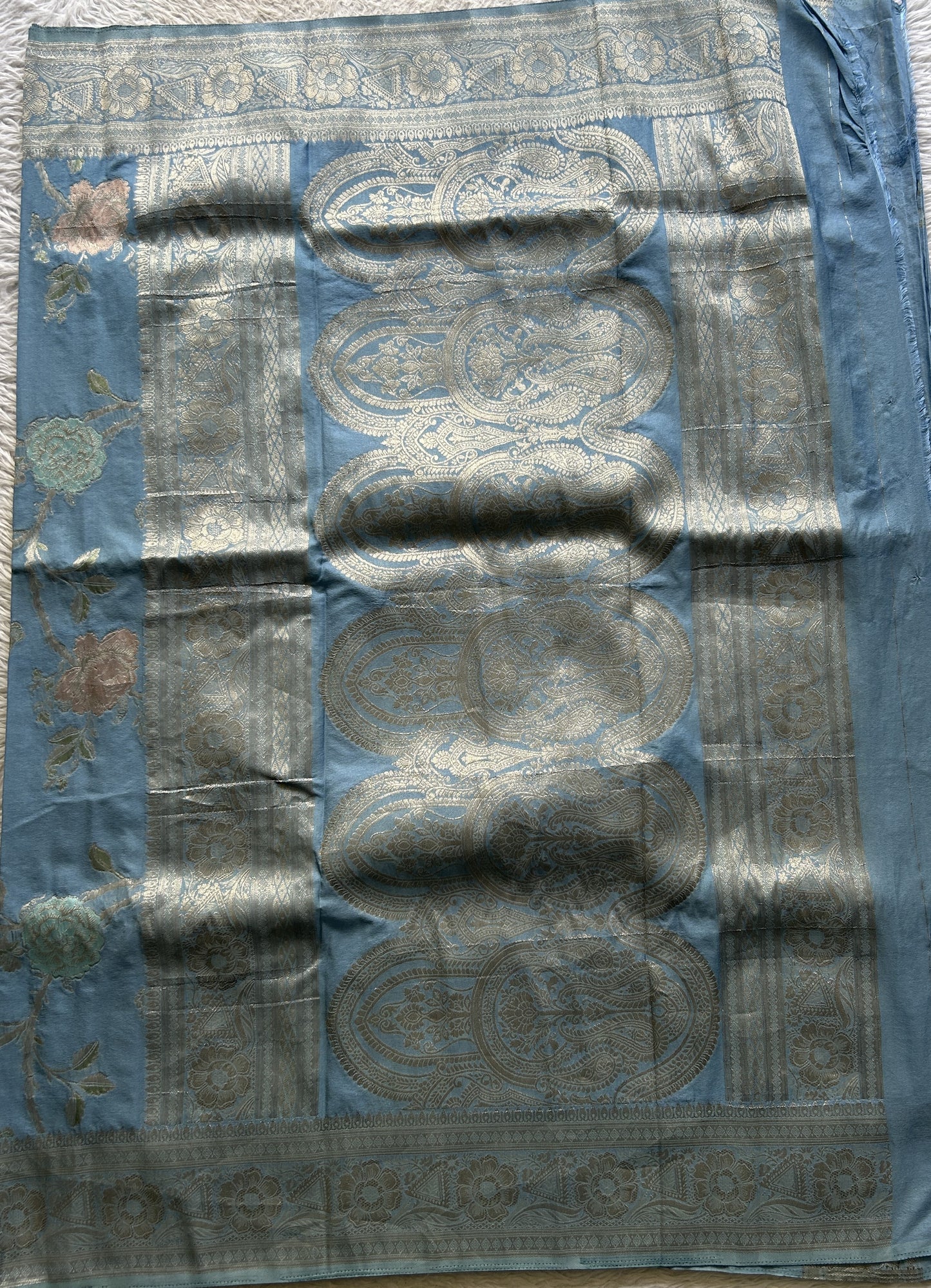 Semi Georgette Saree Light Aqua Blue Colored Elegantly Paired with a Zari Border. - Sampradaya Designer Studio