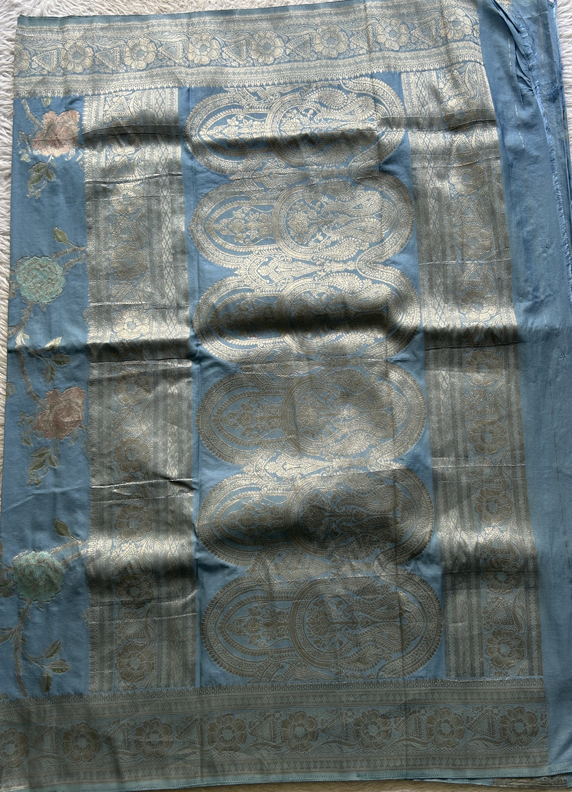 Semi Georgette Saree Light Aqua Blue Colored Elegantly Paired with a Zari Border. - Sampradaya Designer Studio