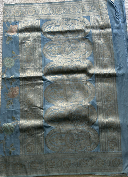 Semi Georgette Saree Light Aqua Blue Colored Elegantly Paired with a Zari Border. - Sampradaya Designer Studio