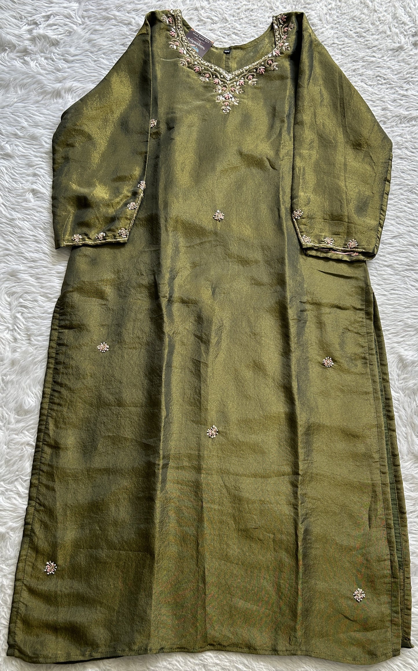 Tissue Kurti Set Olive Green Colored With a Embroidery Work . - Sampradaya Designer Studio