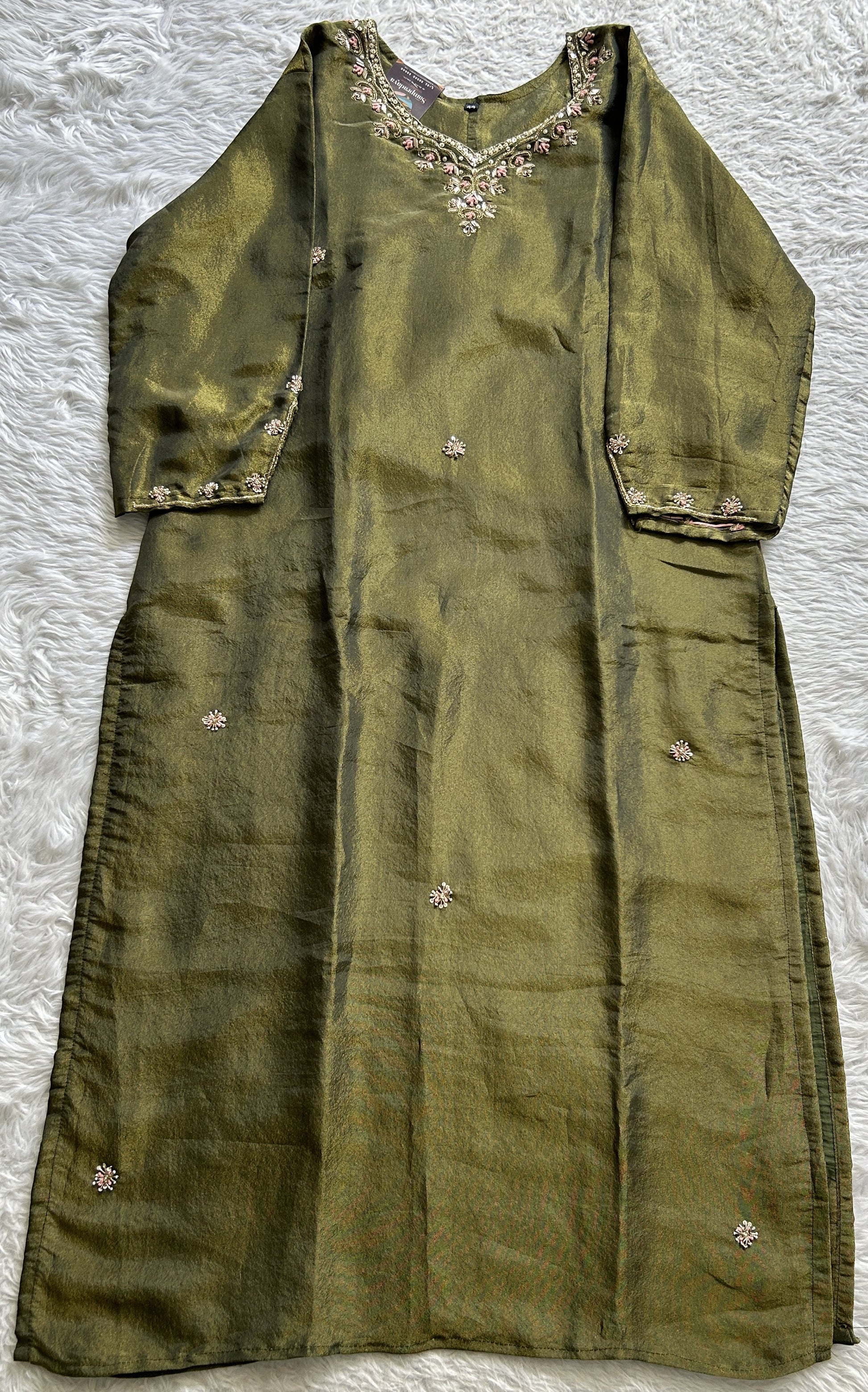 Tissue Kurti Set Olive Green Colored With a Embroidery Work . - Sampradaya Designer Studio