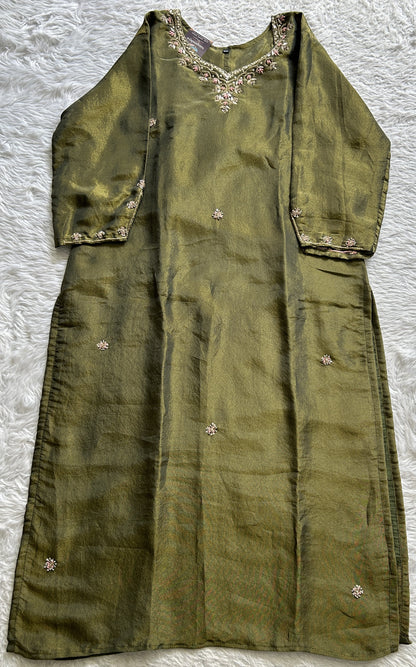 Tissue Kurti Set Olive Green Colored With a Embroidery Work . - Sampradaya Designer Studio