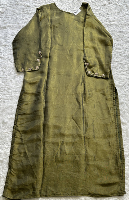 Tissue Kurti Set Olive Green Colored With a Embroidery Work . - Sampradaya Designer Studio
