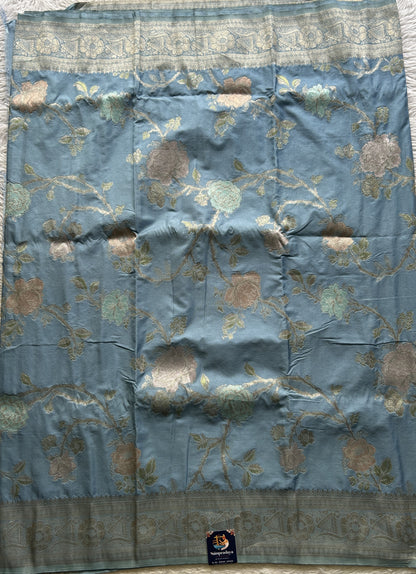 Semi Georgette Saree Light Aqua Blue Colored Elegantly Paired with a Zari Border. - Sampradaya Designer Studio