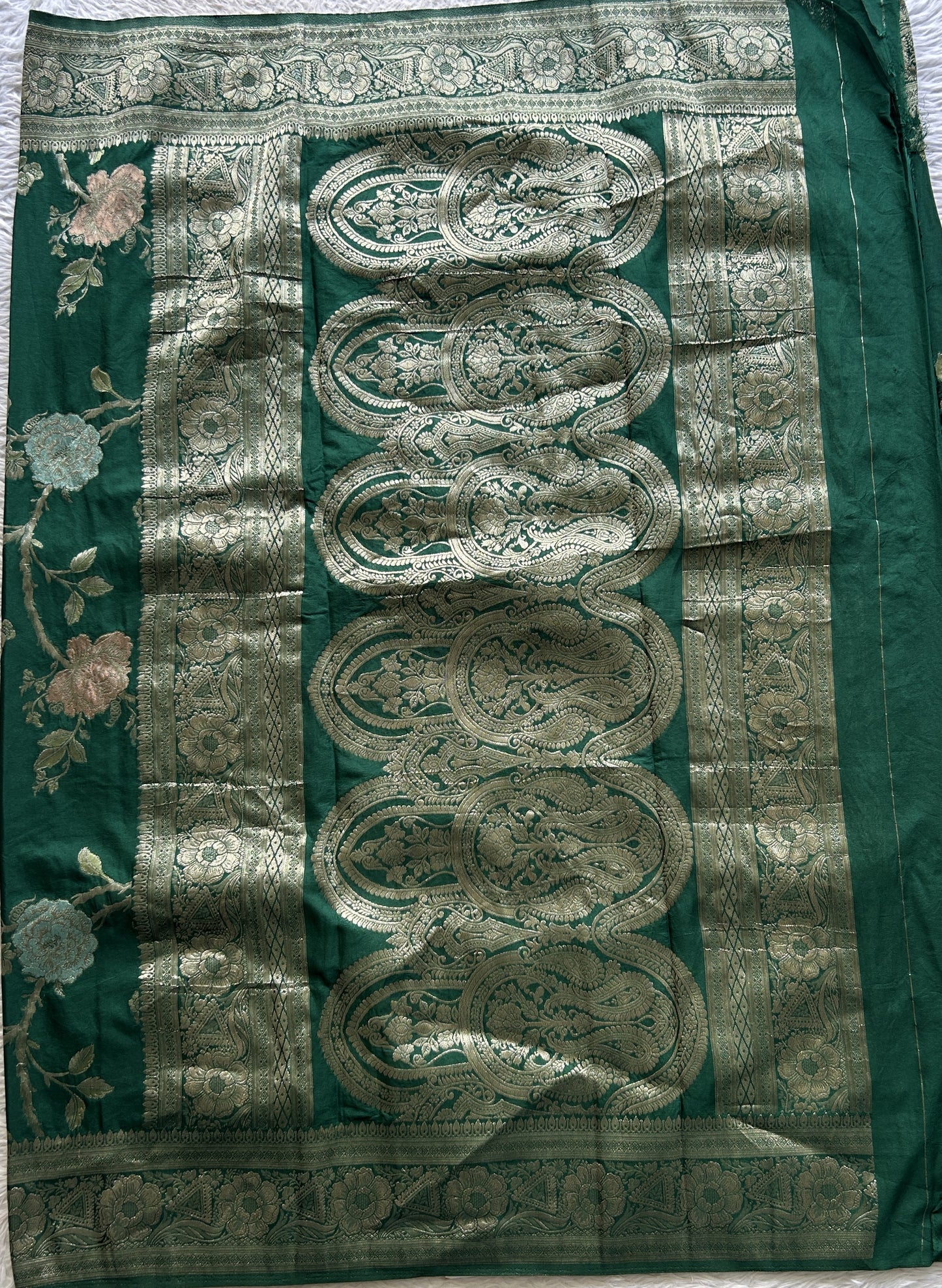 Semi Georgette Allover Saree Pine Green Colored Elegantly Paired with a Zari Border. - Sampradaya Designer Studio