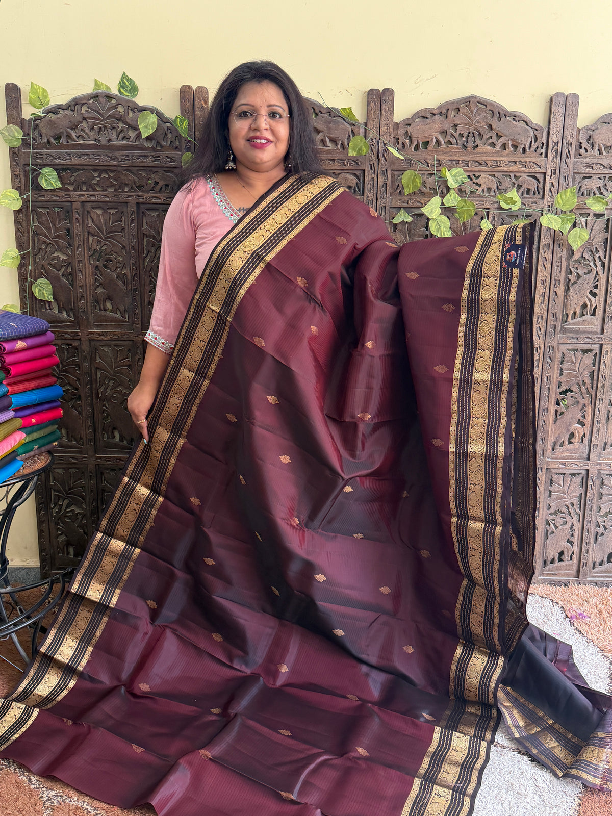 Pure Kanjivaram Silk Saree | Brown With Gold Zari Border | Handloom | Silk Mark Certified
