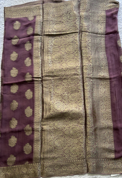 Semi Georgette Saree Raspberry Colored Elegantly Paired with a Zari Border. - Sampradaya Designer Studio