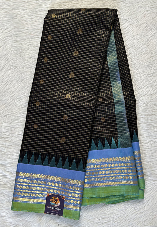 Gadwal Pattu Black Colored Saree Complemented With a Pattu Pastel Blue Color Kanchi Border - Sampradaya Designer Studio