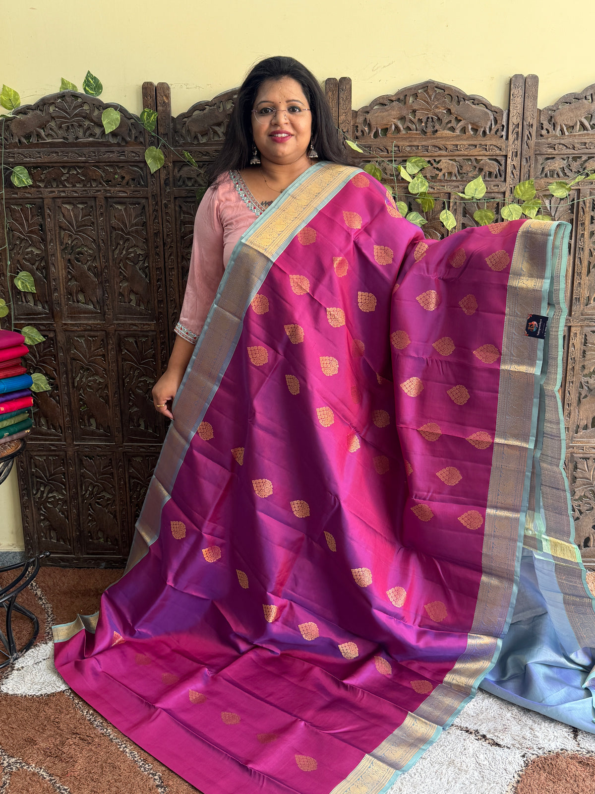 Pure Kanjivaram Silk Saree | Violet With Gold Zari Border | Handloom | Silk Mark Certified