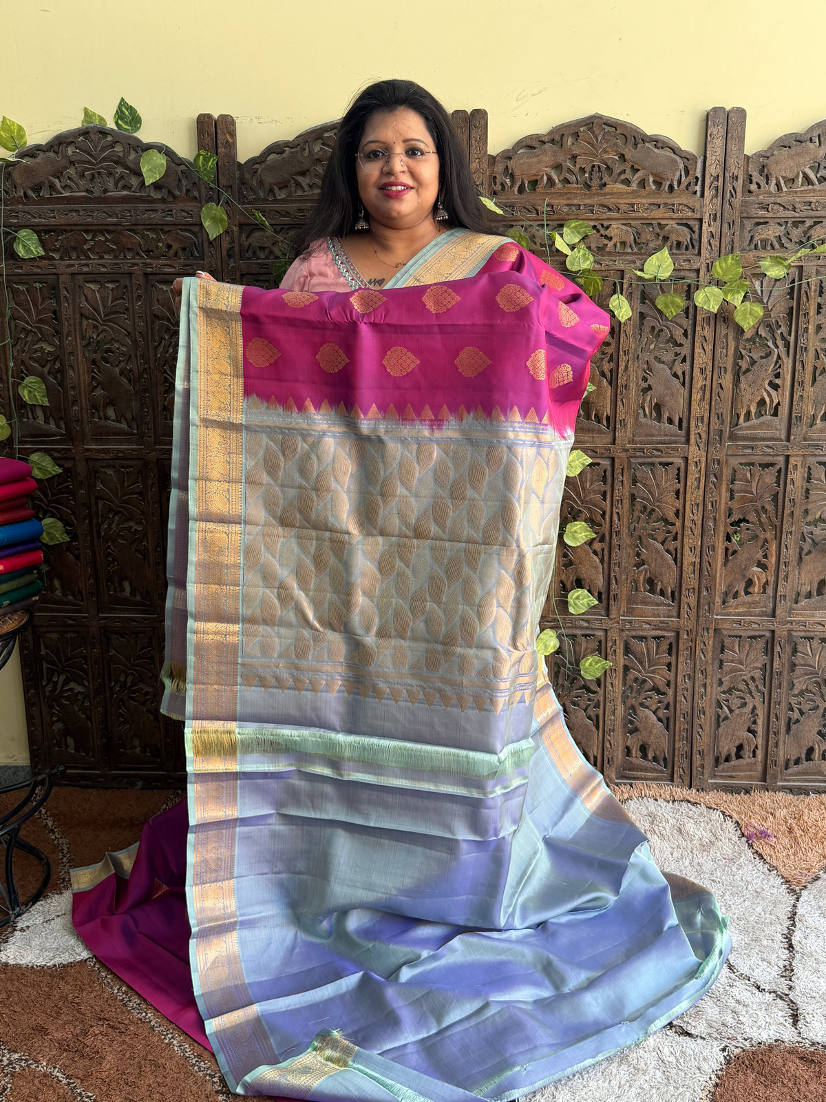 Pure Kanjivaram Silk Saree | Violet With Gold Zari Border | Handloom | Silk Mark Certified