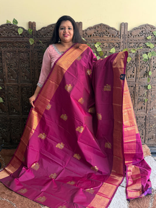 Pure Kanjivaram Silk Saree | Rani Pink With Gold Zari Border | Handloom | Silk Mark Certified