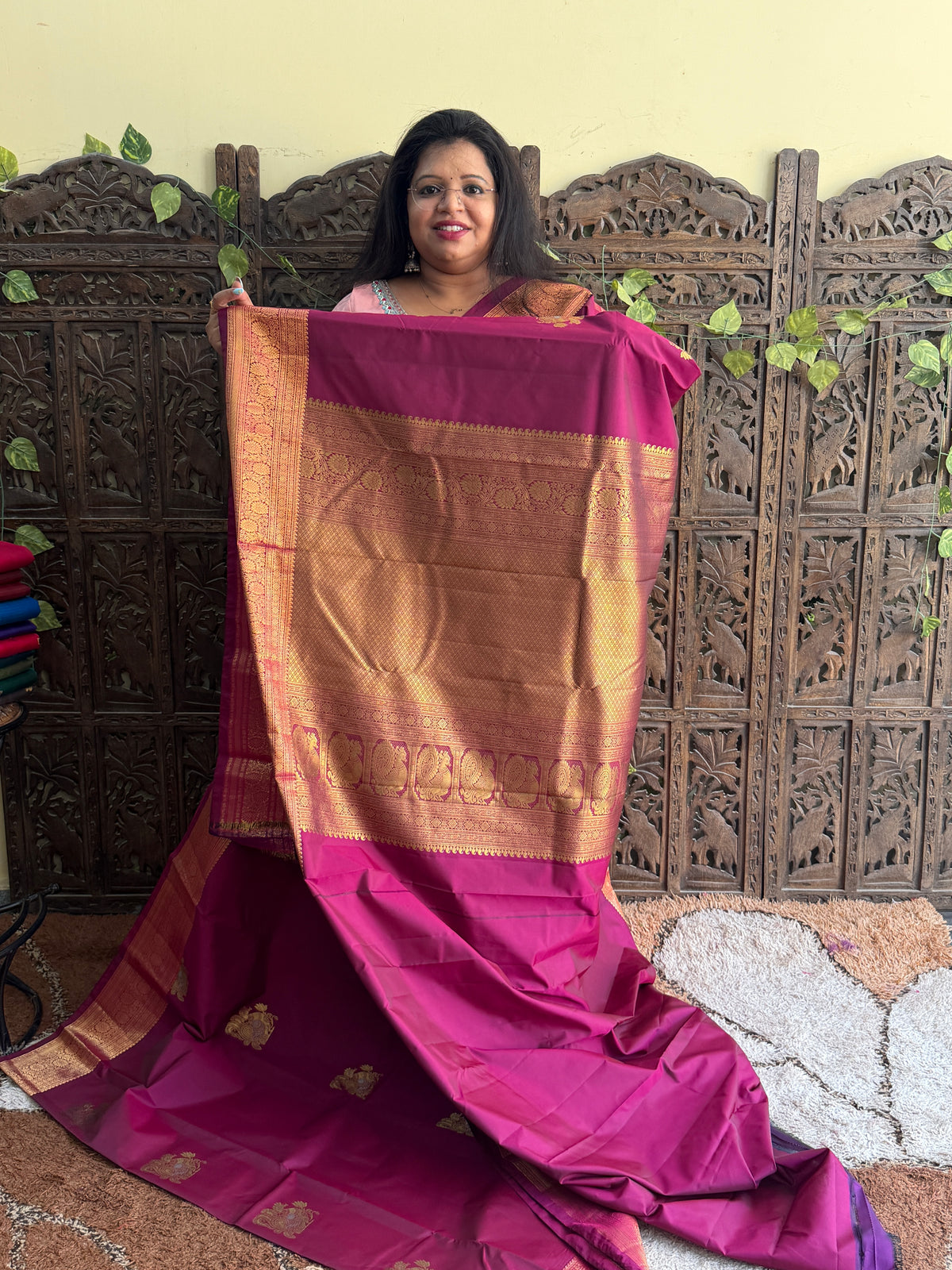 Pure Kanjivaram Silk Saree | Rani Pink With Gold Zari Border | Handloom | Silk Mark Certified