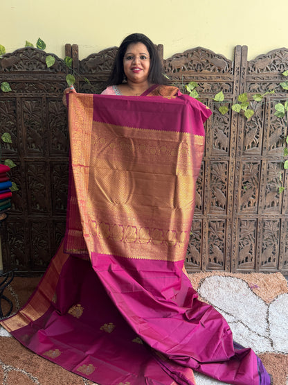 Pure Kanjivaram Silk Saree | Rani Pink With Gold Zari Border | Handloom | Silk Mark Certified