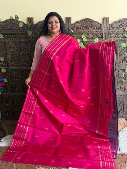 Pure Kanjivaram Silk Saree | Rani Pink With Gold Zari Border | Handloom | Silk Mark Certified