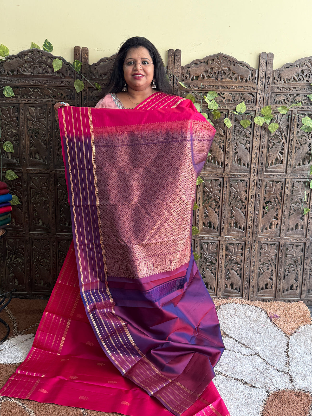 Pure Kanjivaram Silk Saree | Rani Pink With Gold Zari Border | Handloom | Silk Mark Certified