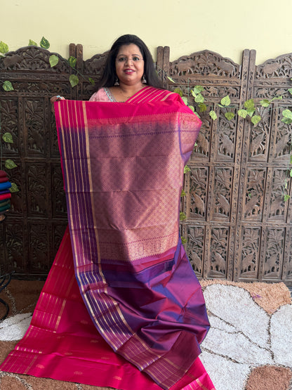 Pure Kanjivaram Silk Saree | Rani Pink With Gold Zari Border | Handloom | Silk Mark Certified