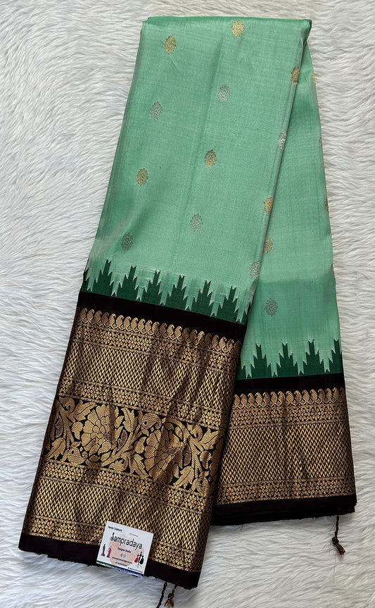 Gadwal Pattu Mint Green Colored Saree Complemented With a Pattu Brown Color Kanchi Border - Sampradaya Designer Studio