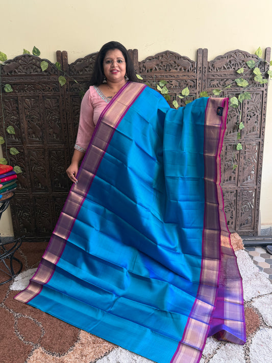 Pure Kanjivaram Silk Saree | Peacock Blue With Gold Zari Border | Handloom | Silk Mark Certified