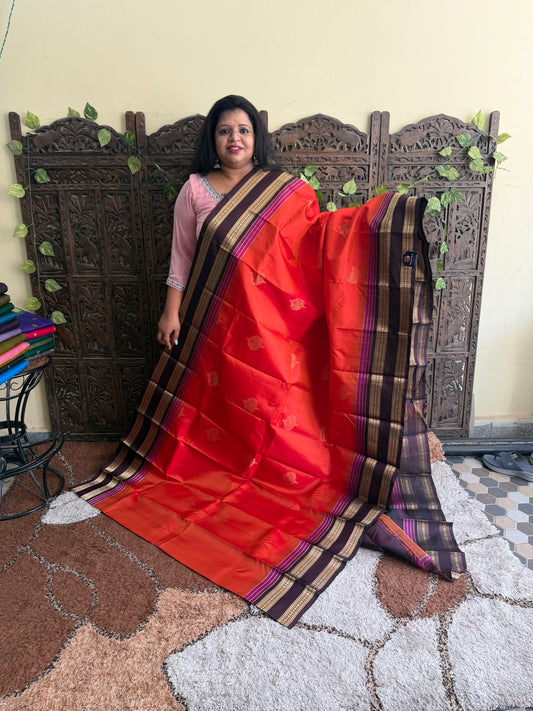 Pure Kanjivaram Silk Saree | Orenge With Gold Zari Border | Handloom | Silk Mark Certified