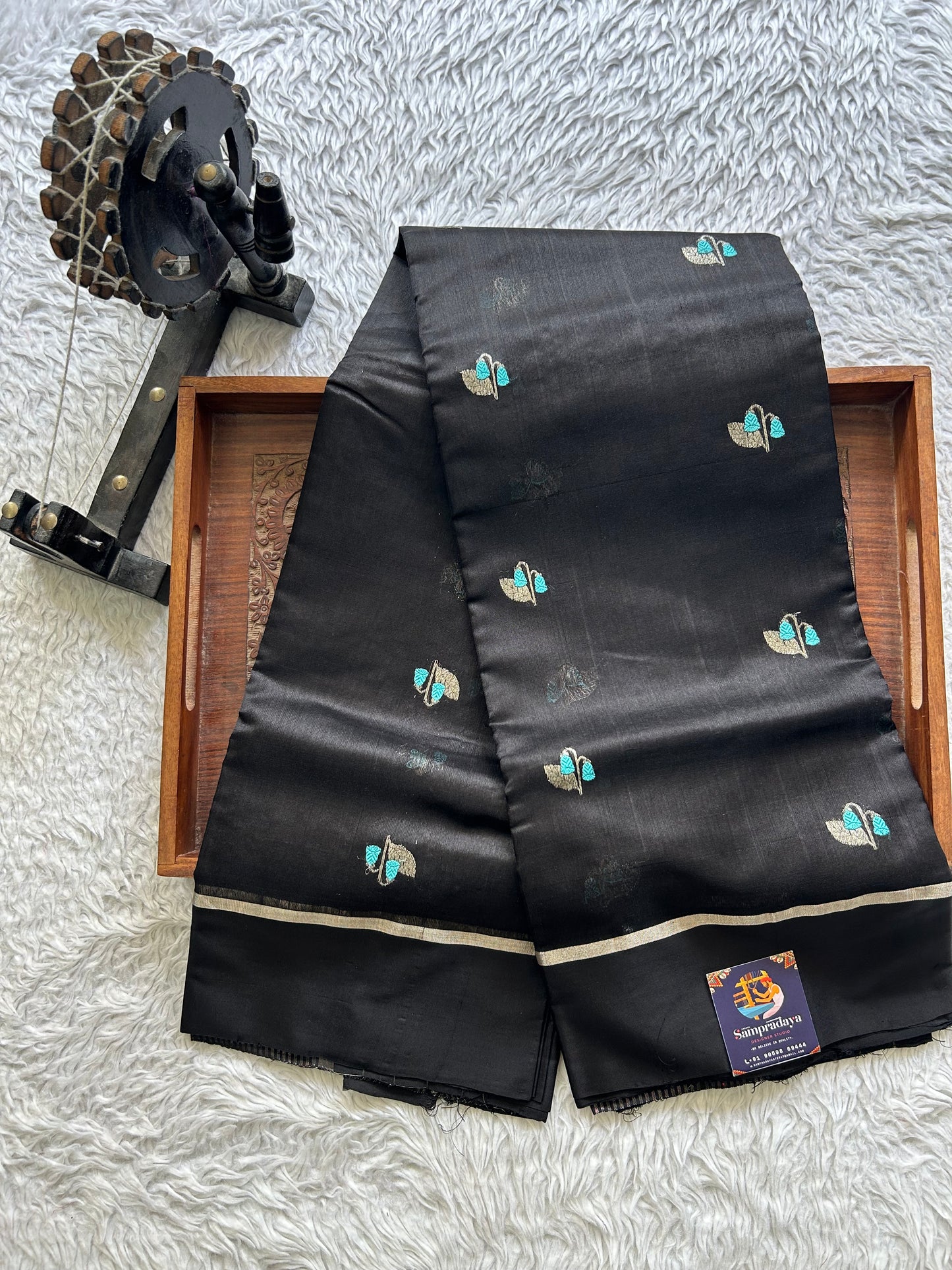 Chanderi Silk Saree Black color Elegantly Paired with a Silver Zari Border - Sampradaya Designer Studio