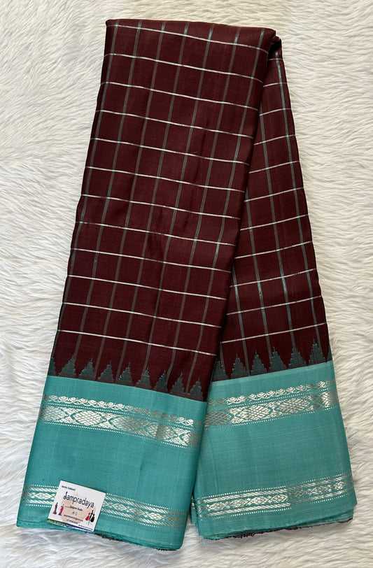 Gadwal Pattu Brown Colored Checks Saree Complemented With a Pattu Blue Color Kanchi Gap Border - Sampradaya Designer Studio