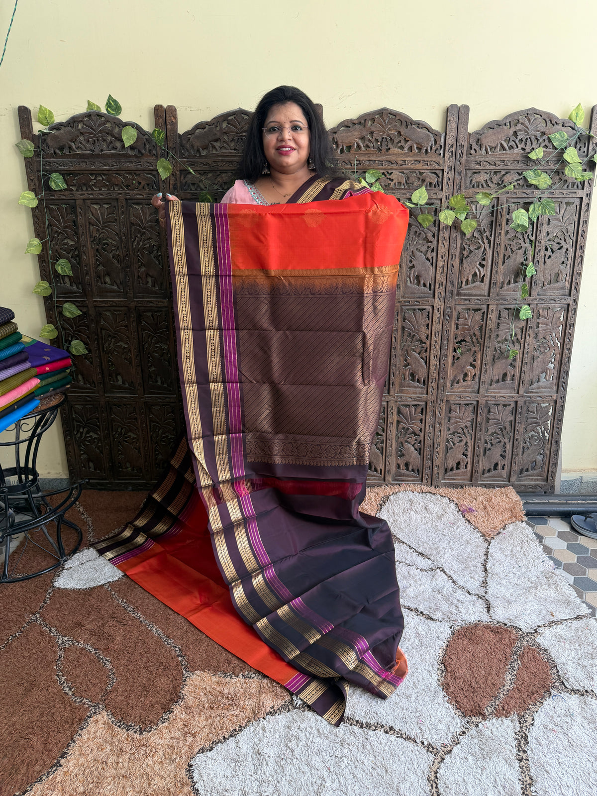 Pure Kanjivaram Silk Saree | Orenge With Gold Zari Border | Handloom | Silk Mark Certified