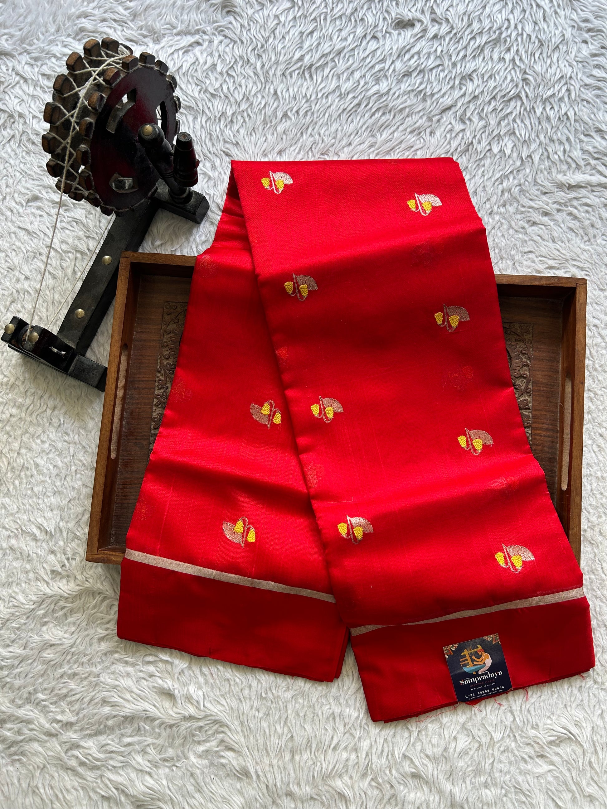 Chanderi Silk Saree scarlet Red color Elegantly Paired with a Silver Zari Border - Sampradaya Designer Studio