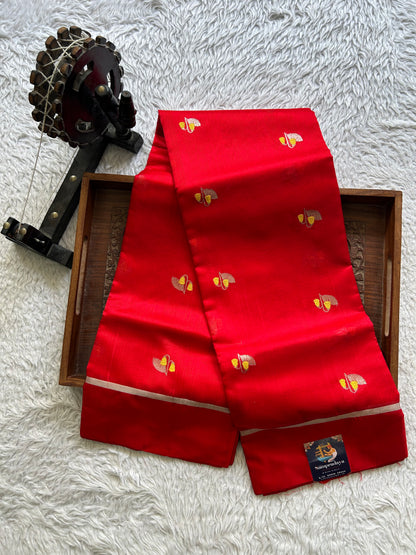 Chanderi Silk Saree scarlet Red color Elegantly Paired with a Silver Zari Border - Sampradaya Designer Studio