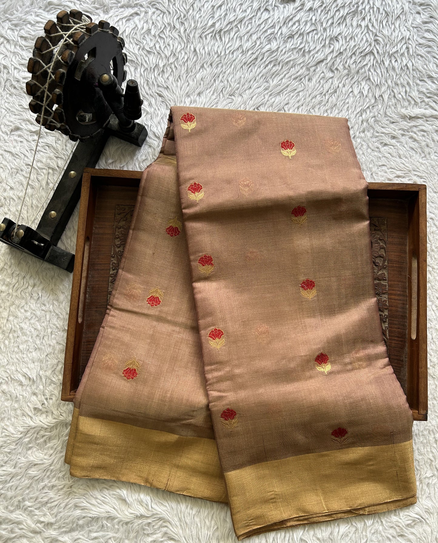 Chanderi Tissue Saree Tawny color Elegantly Paired with a Gold Zari Border - Sampradaya Designer Studio