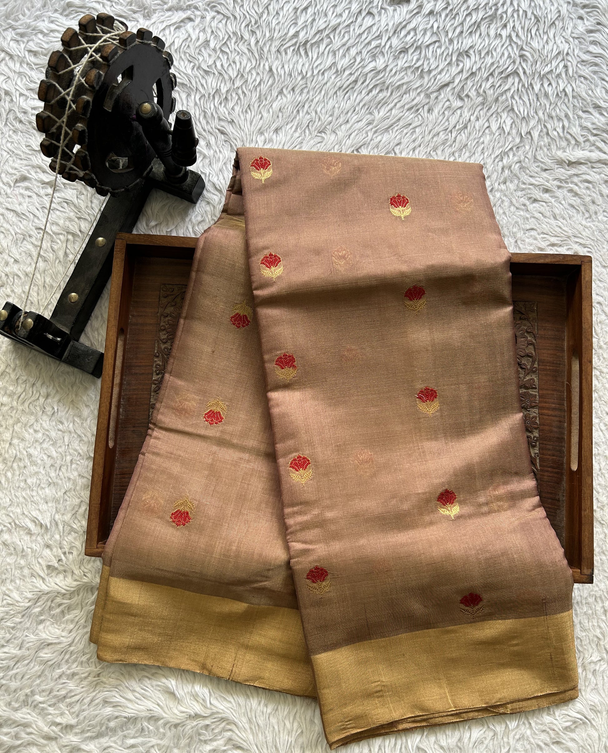 Chanderi Tissue Saree Tawny color Elegantly Paired with a Gold Zari Border - Sampradaya Designer Studio