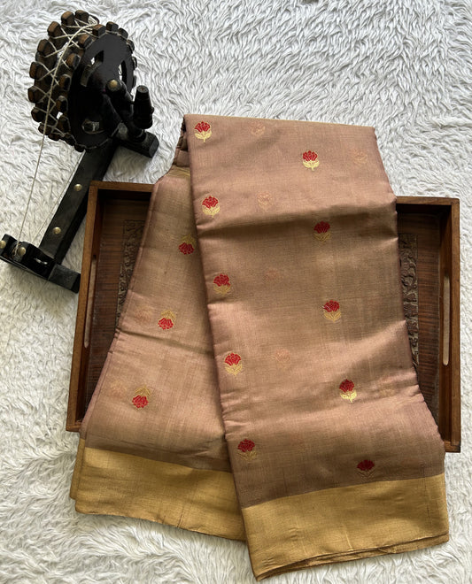 Chanderi Tissue Saree Tawny color Elegantly Paired with a Gold Zari Border