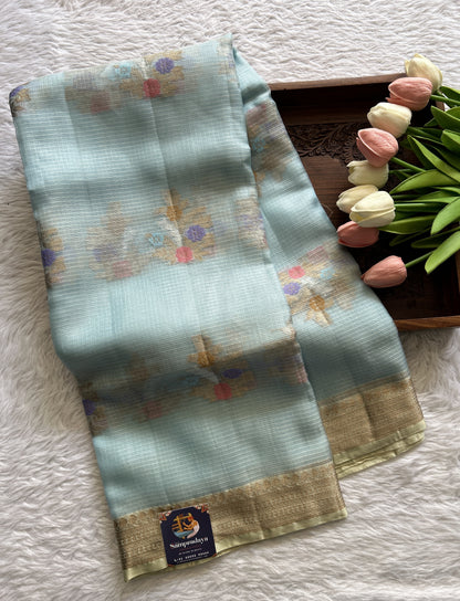 Silk kota Saree Sea Blue color complemented with a Zari Border. - Sampradaya Designer Studio