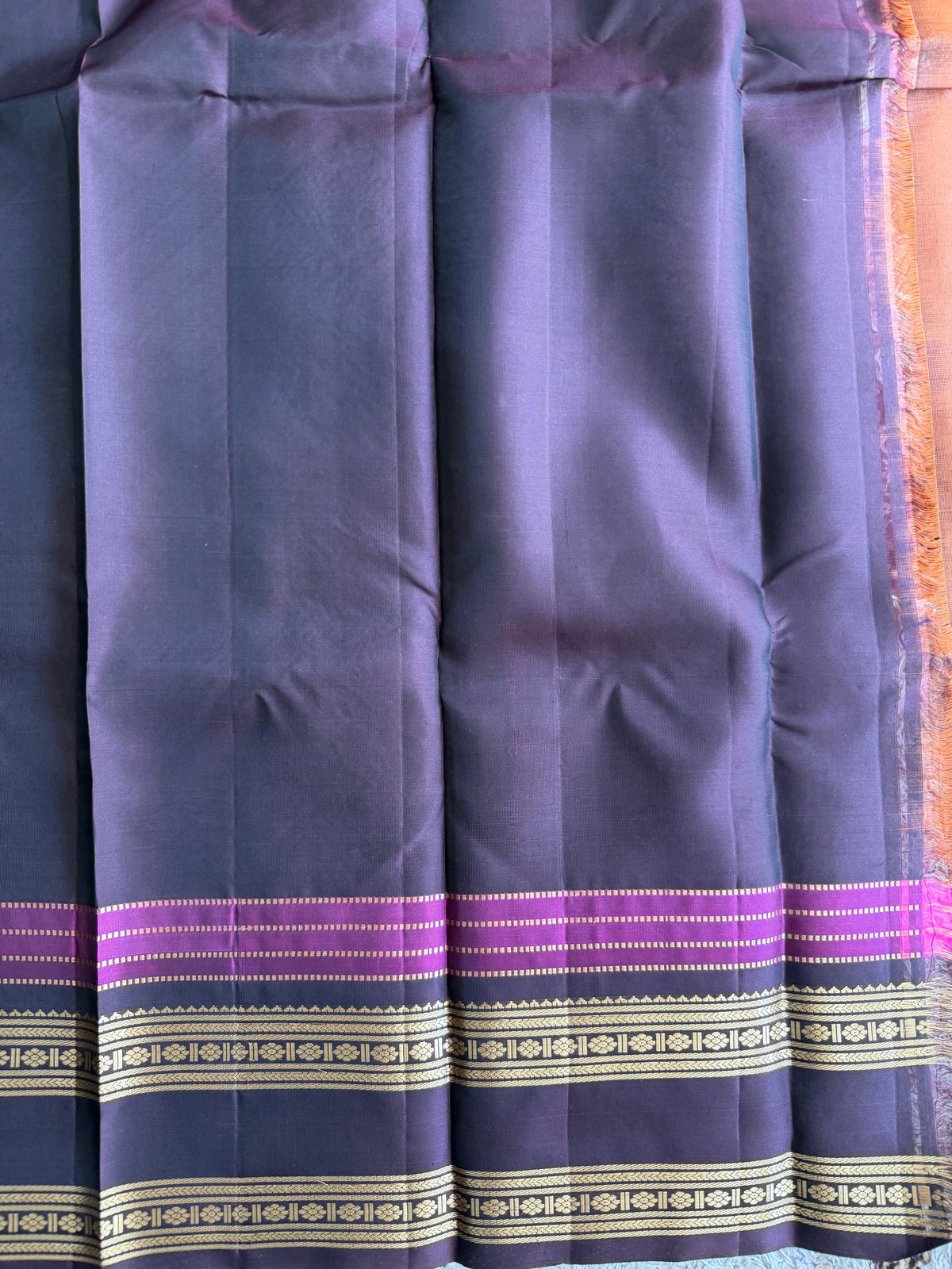 Pure Kanjivaram Silk Saree | Orenge With Gold Zari Border | Handloom | Silk Mark Certified