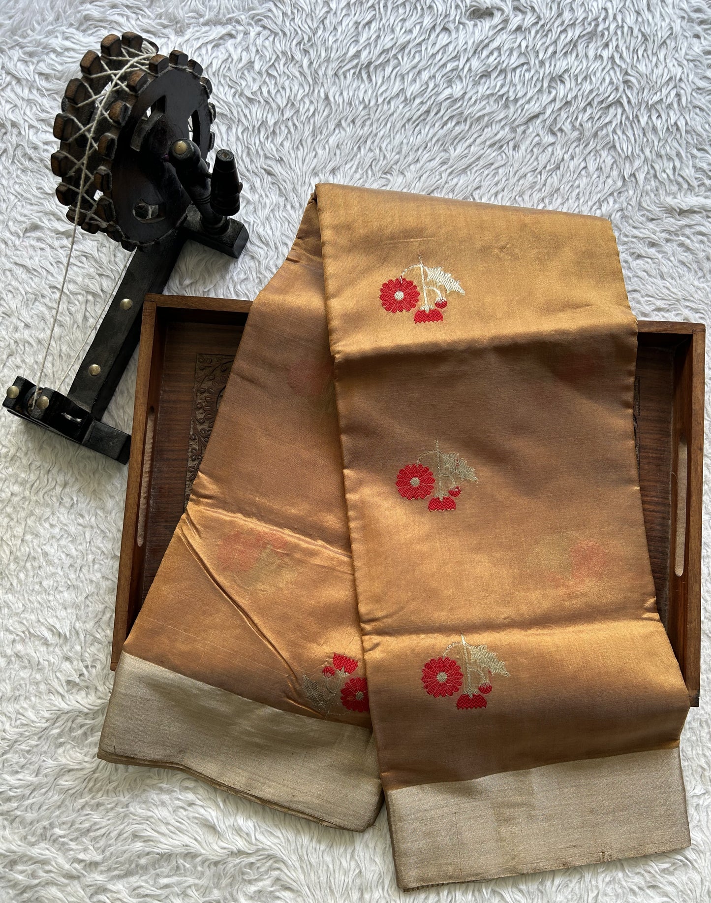 Chanderi Silk Saree Amber Gold color Elegantly Paired with a Silver Zari Border - Sampradaya Designer Studio