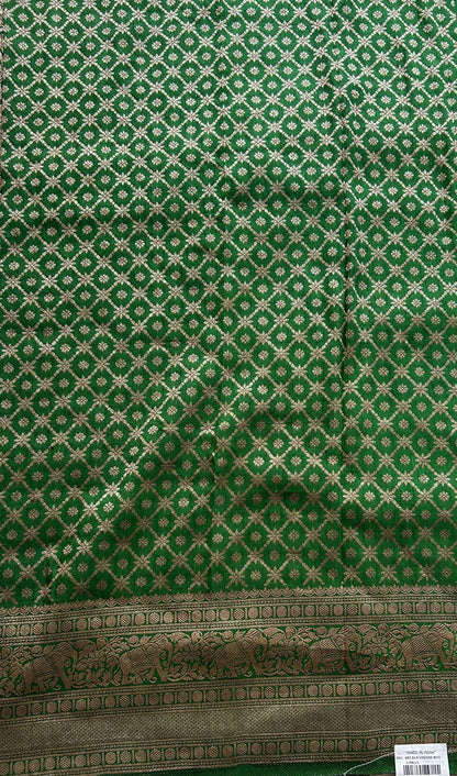 Semi Georgette Saree Leaf Green Colored Complemented with a Zari Border. - Sampradaya Designer Studio