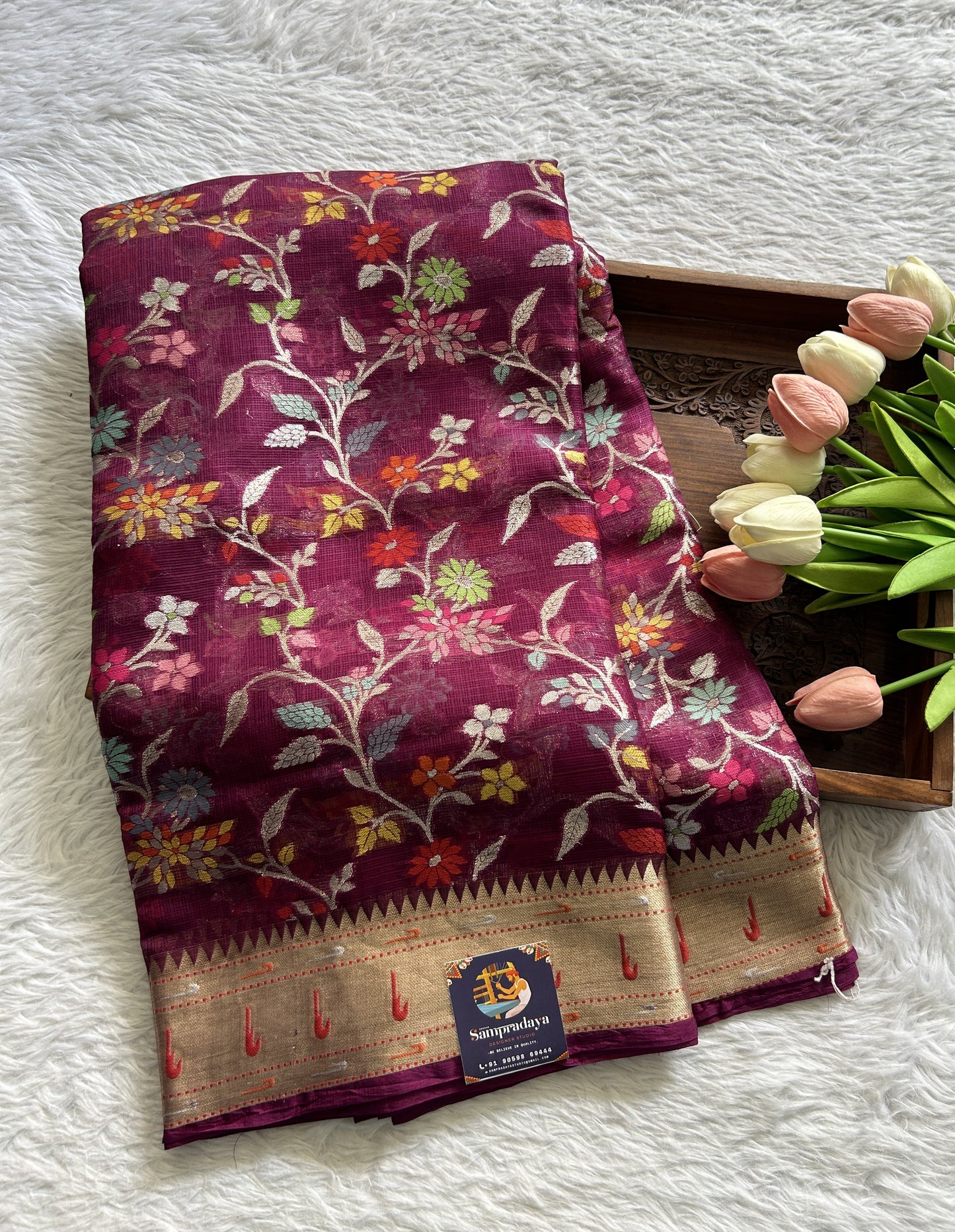 Silk kota Saree Purple color complemented with a Zari Border. - Sampradaya Designer Studio