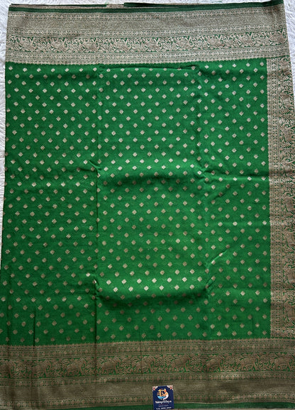 Semi Georgette Saree Leaf Green Colored Complemented with a Zari Border. - Sampradaya Designer Studio