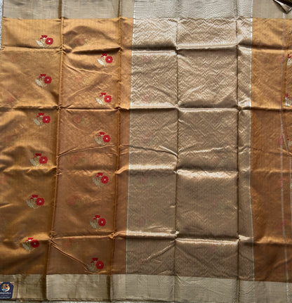 Chanderi Silk Saree Amber Gold color Elegantly Paired with a Silver Zari Border - Sampradaya Designer Studio