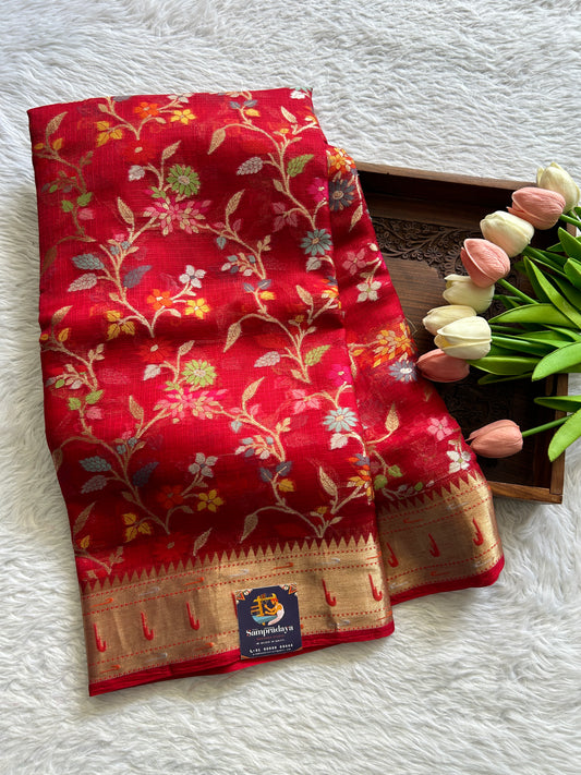 Silk kota Saree Red color complemented with a Zari Border. - Sampradaya Designer Studio