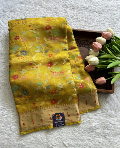 Silk kota Saree Yellow color complemented with a Zari Border. - Sampradaya Designer Studio