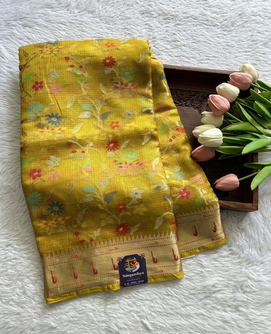 Silk kota Saree Yellow color complemented with a Zari Border. - Sampradaya Designer Studio