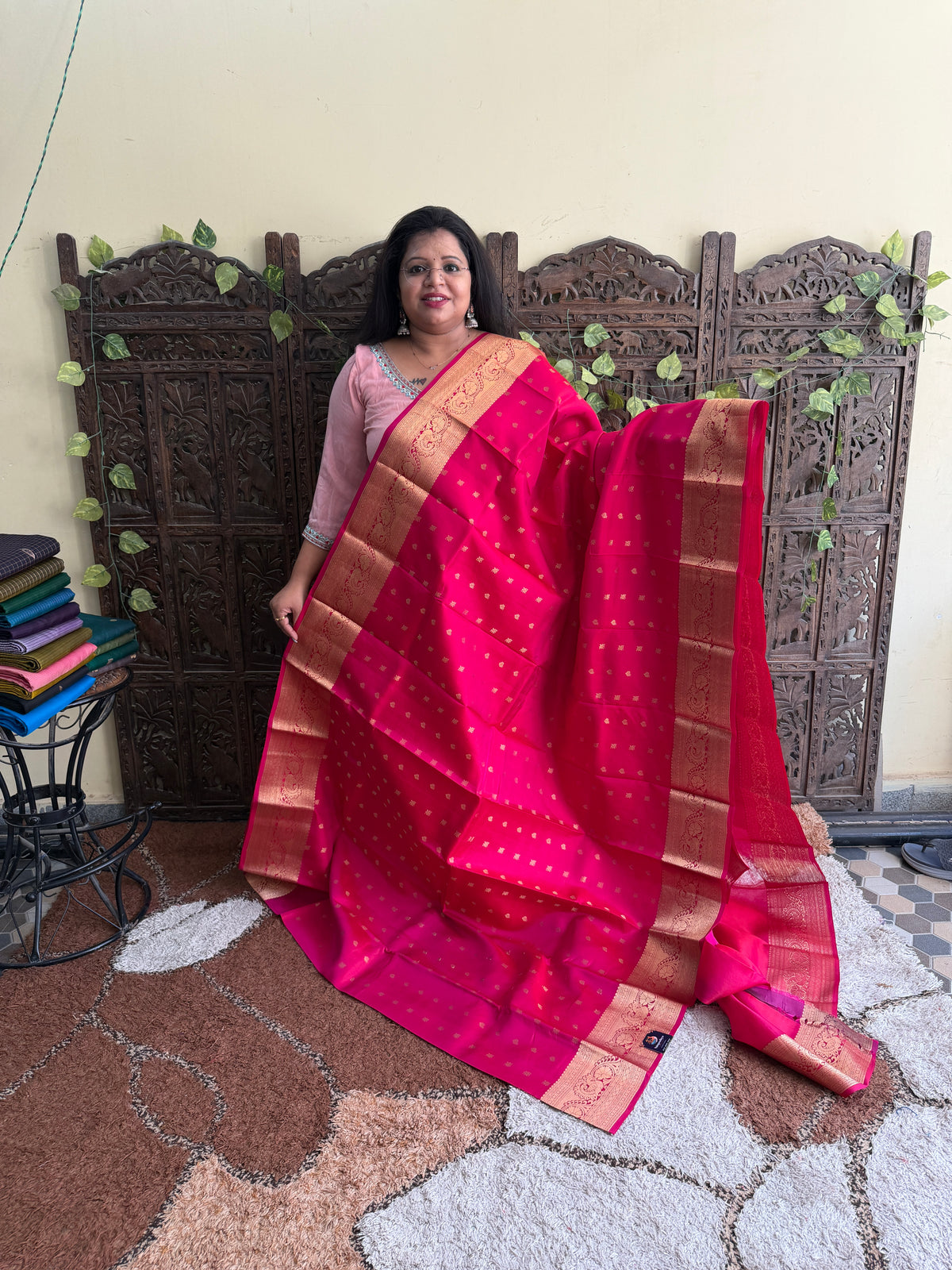 Pure Kanjivaram Silk Saree | Rani Pink With Gold Zari Border | Handloom | Silk Mark Certified