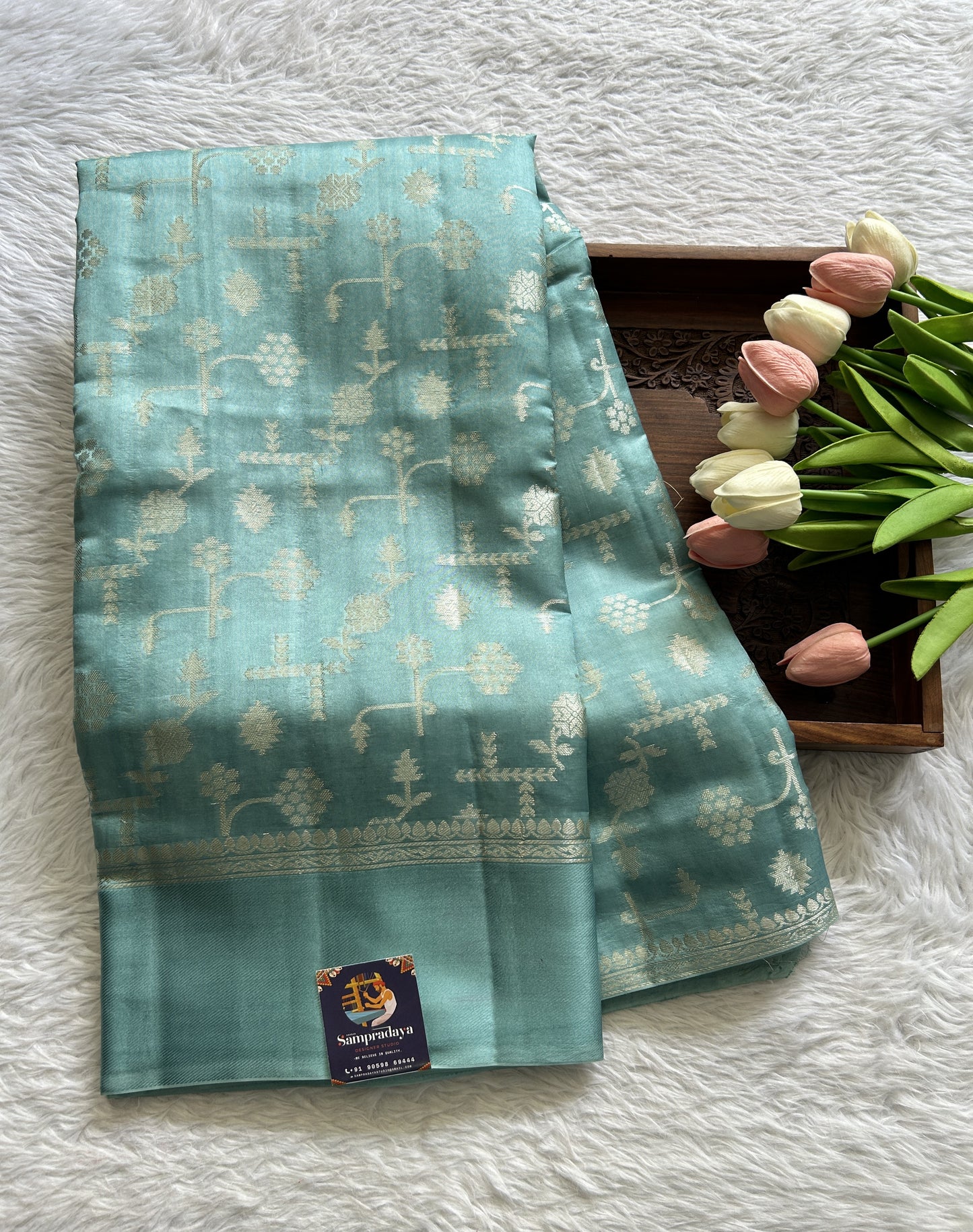 Dupion Silk Saree Sea Blue Colored Complemented with a Mushrur Border. - Sampradaya Designer Studio