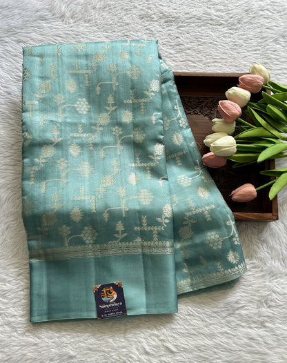 Dupion Silk Saree Sea Blue Colored Complemented with a Mushrur Border. - Sampradaya Designer Studio